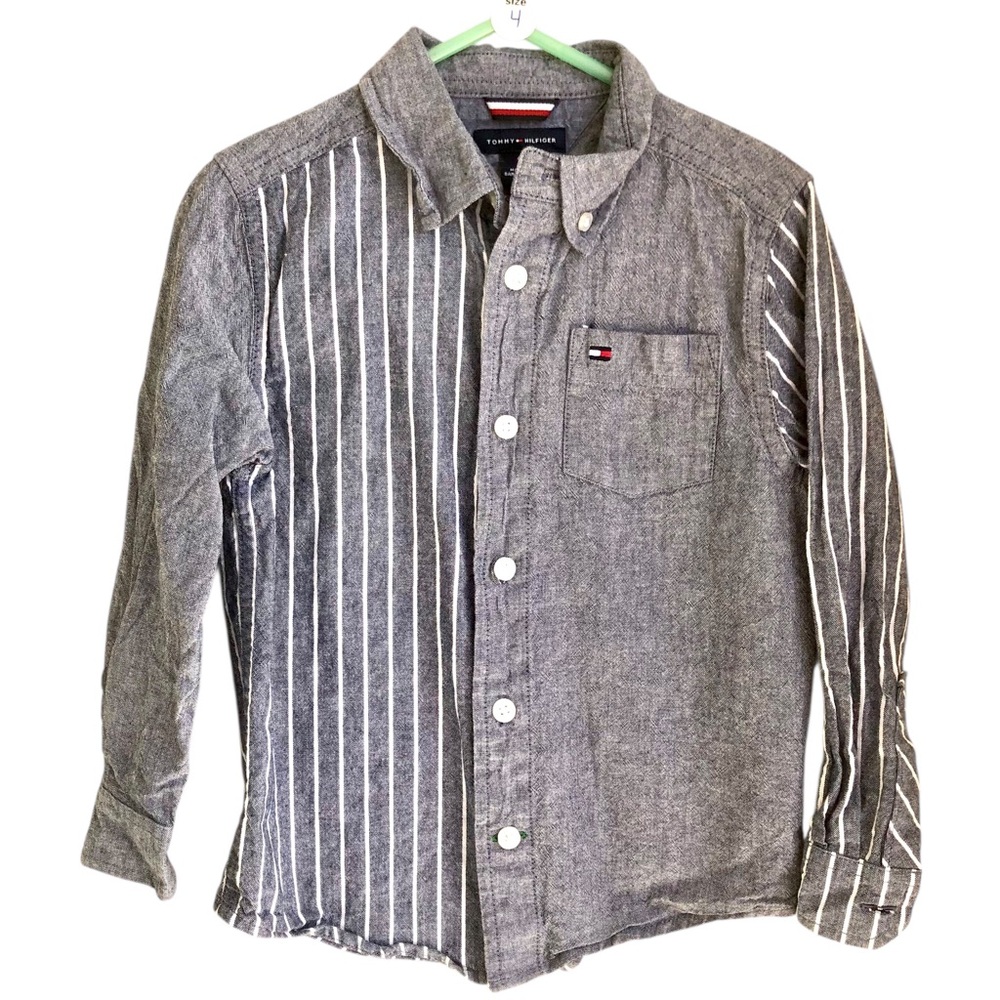 Tommy Hilfiger Boy’s Gray Chambray Striped & Plain L/S Shirt Button-Up Shirt